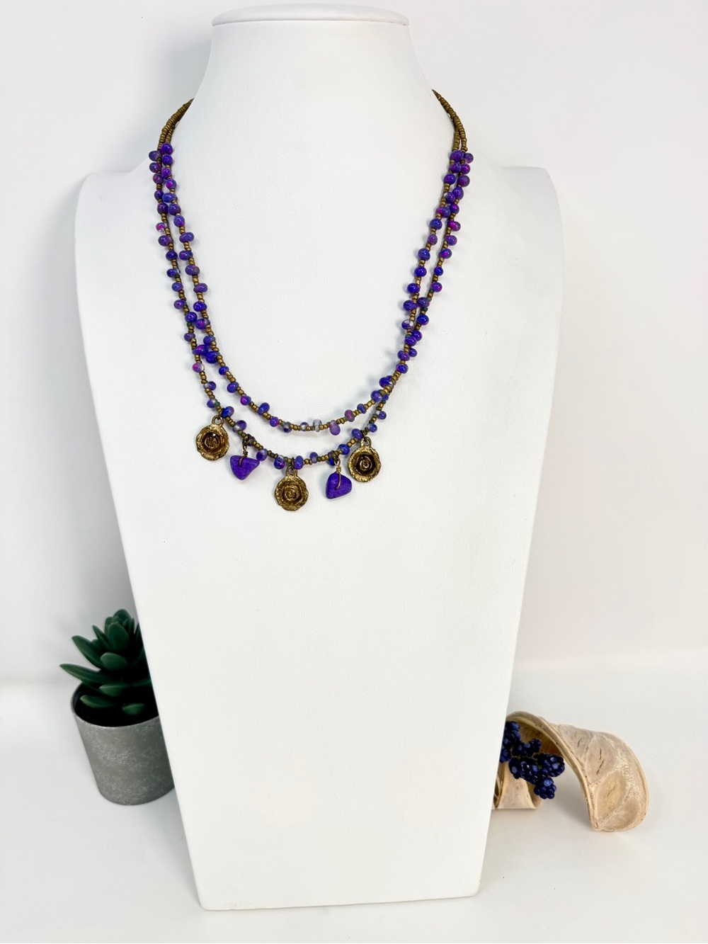 Vintage Boho Two-Strand Amethyst Gemstone Beaded Necklace Brass Rose Details